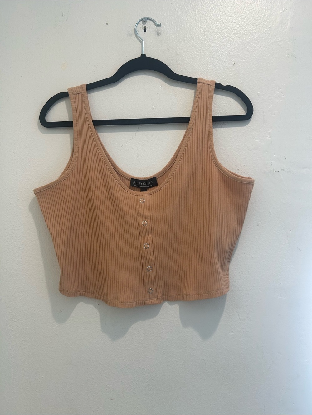 Eloquii Tan Ribbed Button-Front Crop Tank